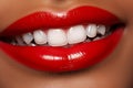 Beautiful woman with perfect red lips and clear white teeth, close up portrait with super smile. Royalty Free Stock Photo