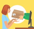 Beautiful woman pick up a present of hands from computer monitor. vector illustration concept for gift delivery service, e-comm