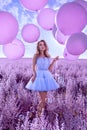 Beautiful woman with pink balloons in lavender field portrait background beauty portrait photoshoot Royalty Free Stock Photo