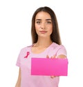 Beautiful woman with pink ribbon holding card on white background. Breast cancer concept Royalty Free Stock Photo