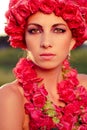 Beautiful woman & pink roses crown with garland Royalty Free Stock Photo