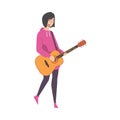 Beautiful Woman Playing Acoustic Guitar, Girl Musician Playing Strings at Musical Performance Cartoon Style Vector Royalty Free Stock Photo