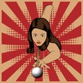 Beautiful woman playing billiards on red vintage background.