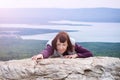 Beautiful woman pleasure wanderlust mindfulness hiking mountain sunshine Zyuratkul Chelyabinsk Russia.