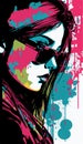 Beautiful woman pop art poster. Vector style portrait of beauty and creative girl. Paint splatter