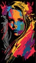 Beautiful woman pop art poster. Vector style portrait of beauty and creative girl. Paint splatter