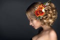 Beautiful woman portrait with autumn flowers in hair Royalty Free Stock Photo