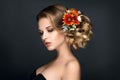 Beautiful woman portrait with autumn flowers in hair Royalty Free Stock Photo