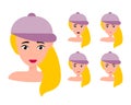 Young girl smiling, surprised, happy, smiling, idea, kind, angry, greeting emotion face vector character. Blond in hat