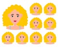 Young girl smiling, surprised, happy, smiling, idea, kind, angry, greeting emotion face vector character. Blond