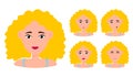 Young girl smiling, surprised, happy, smiling, idea, kind, angry, greeting emotion face vector character. Blond