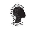 Beautiful woman portrait with flying butterflies in her head. Black and white Scandinavian Minimalist poster design