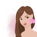 beautiful woman portrait with pink hibiscus flower on watercolor background summer fashion illustration Royalty Free Stock Photo