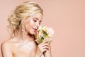 Beautiful Woman Portrait Smelling Peony Flower Bouquet, Happy Dreaming Girl and Flowers Royalty Free Stock Photo