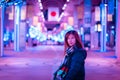 Beautiful Woman in winter fashion clothing at night in The Jozenji christmas light up festival in Sendai, Japan Royalty Free Stock Photo