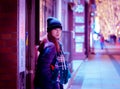 Beautiful Woman portrait in winter clothing at night in The Jozenji christmas light up festival in Sendai, Japan Royalty Free Stock Photo