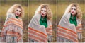 Beautiful woman posing in park during autumn season. Blonde girl wearing green blouse and big shawl posing outdoor. Long fair hair Royalty Free Stock Photo