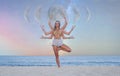 Beautiful woman is practicing yoga on the beach on Milky Way background