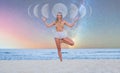 Beautiful woman is practicing yoga on the beach on Milky Way background