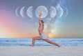 Beautiful woman is practicing yoga on the beach on Milky Way background