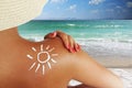 Beautiful woman preparing for sunbath, using sunscreen for a healthy sun protection of skin Royalty Free Stock Photo