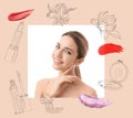 Beautiful woman and professional cosmetic products on background. Makeup artist Royalty Free Stock Photo