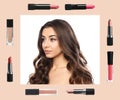 Beautiful woman and professional cosmetic products on background. Makeup artist Royalty Free Stock Photo