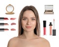 Beautiful woman and professional cosmetic products on background. Makeup artist Royalty Free Stock Photo