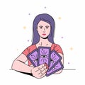 Beautiful woman prophetess, fortune-teller holding tarot cards. Colour line vector illustration Royalty Free Stock Photo