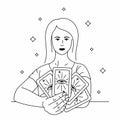 Beautiful woman prophetess holding tarot cards. Outline black vector illustration Royalty Free Stock Photo