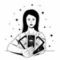 Beautiful woman prophetess holding tarot cards. Outline black vector illustration Royalty Free Stock Photo