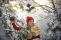 Beautiful woman in red with brown fur cape enjoying the winter scenery in forest. Blonde girl posing under snow-covered trees Royalty Free Stock Photo