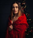 Beautiful woman red cloak with red flowers roses in studio Royalty Free Stock Photo