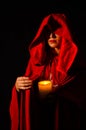 beautiful woman red cloak with red flowers roses in studio. Woman Red Riding Hood. Dramatic and fantastic shooting Royalty Free Stock Photo