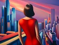 Beautiful Woman in a Red Dress Admiring the City Skyline, Generative AI Royalty Free Stock Photo