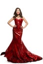 Beautiful Woman in Red Dress, Elegant Lady in Fluttering Sparkling Gown Royalty Free Stock Photo
