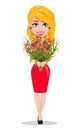 Beautiful woman in red dress holding bouquet of flowers