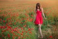 Beautiful woman in a red dress in a poppy field at sunset walking walks forward, warm toning, happiness and a healthy lifestyle Royalty Free Stock Photo