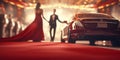 Beautiful woman in red dress on red carpet with luxury cars on background with AI generated. Royalty Free Stock Photo