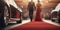 Beautiful woman in red dress on red carpet with luxury cars on background with AI generated. Royalty Free Stock Photo