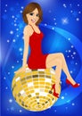 Beautiful woman in red dress sitting on disco mirror ball