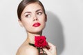 Beautiful woman red lips charm rose flower long hair Royalty Free Stock Photo