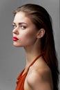 Beautiful woman red lips red dress glamor close-up Royalty Free Stock Photo
