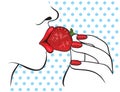 Beautiful woman with red lips eating strawberry