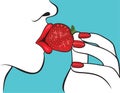 Beautiful woman with red lips eating strawberry Royalty Free Stock Photo