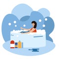 Beautiful woman relaxing in a jacuzzi, spa accessories. a lot of foam. Soap bubbles fly. Vector illustration in flat cartoon style