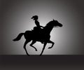 Beautiful woman in retro dress riding horse at a gait, side view, detailed silhouette