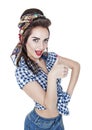 Beautiful woman in retro pin-up style showing thumbs up isolated