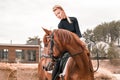 Beautiful woman rides a horse. Equestrian sport concept Royalty Free Stock Photo