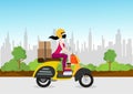 Beautiful woman riding a yellow scooter vintage motorcycle carrying box delivery service flat style illustration vector Royalty Free Stock Photo